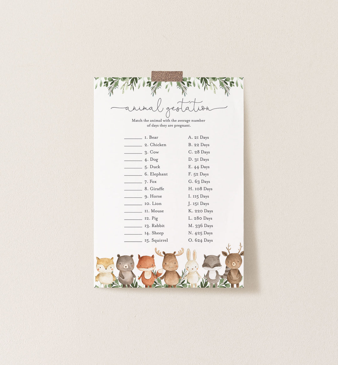 Woodland Friends Baby Shower Animal Gestation Game Printable