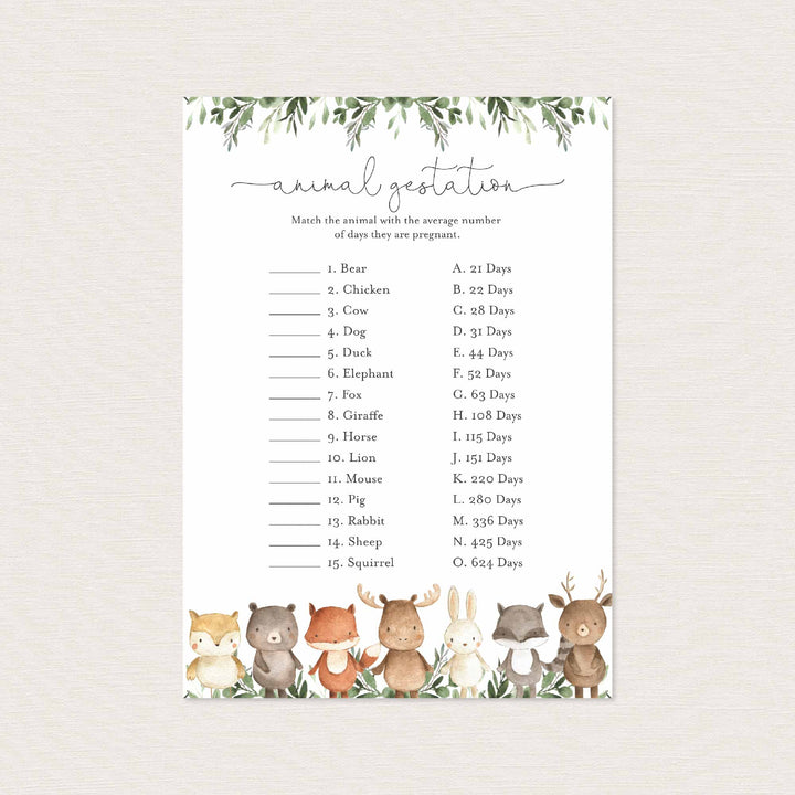 Woodland Friends Baby Shower Animal Gestation Game Printable