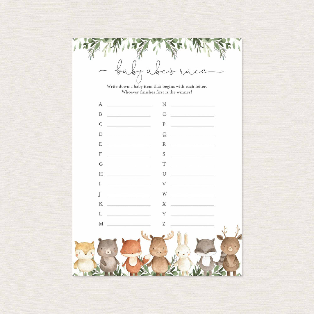 Woodland Friends Baby Shower ABC's Race Game Printable