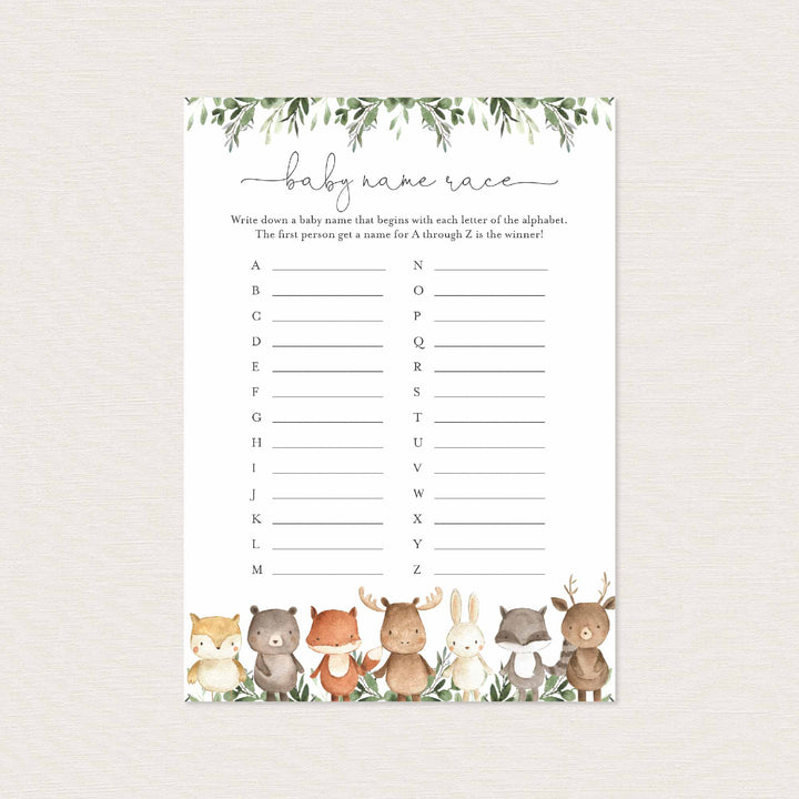 Woodland Friends Baby Shower Name Race Game Printable