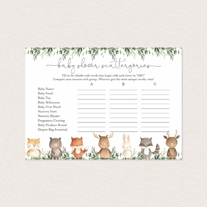 Woodland Friends Baby Shower Scattergories Game Printable
