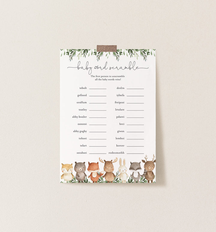 Woodland Friends Baby Shower Word Scramble Game Printable