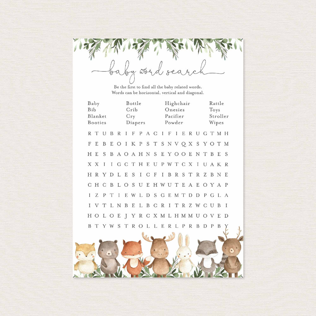 Woodland Friends Baby Shower Word Search Game Printable