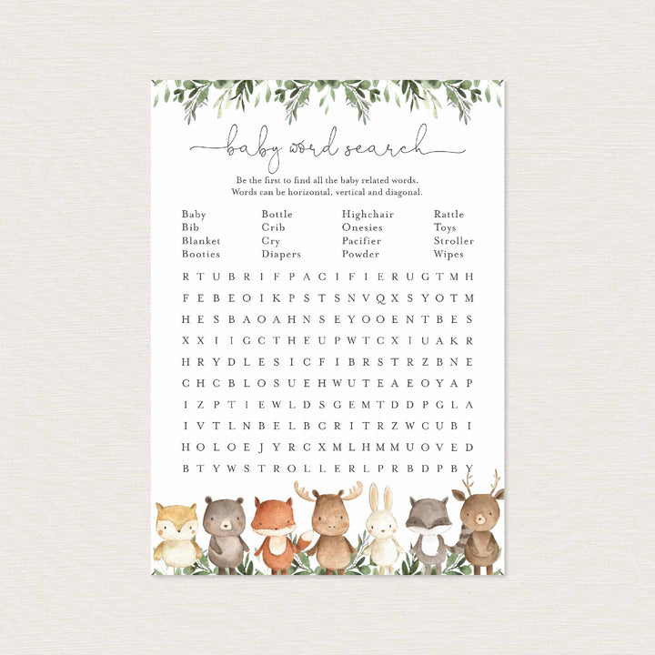Woodland Friends Baby Shower Word Search Game Printable