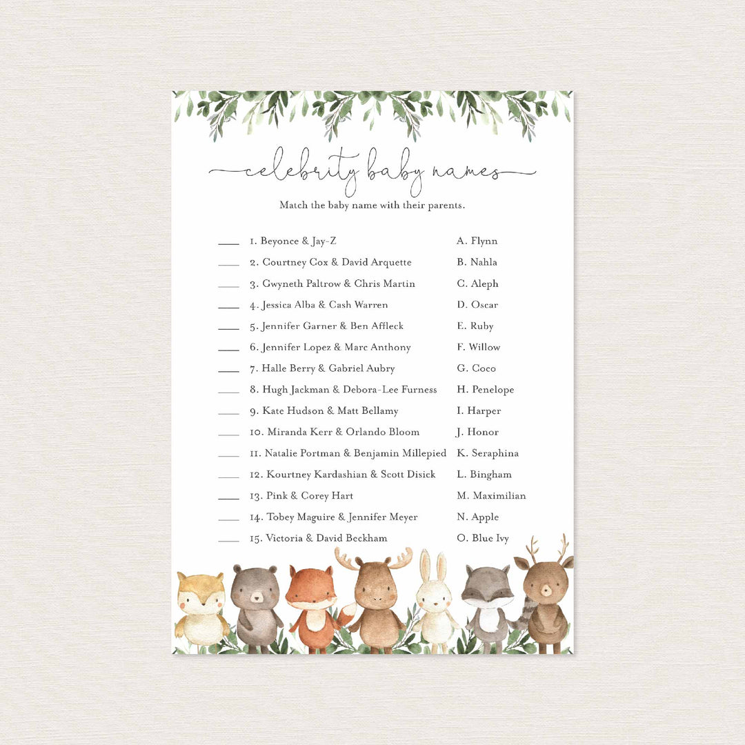 Woodland Friends Baby Shower Celebrity Baby Names Game Printable