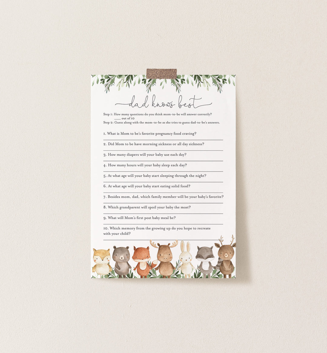 Woodland Friends Baby Shower Dad Knows Best Game Printable