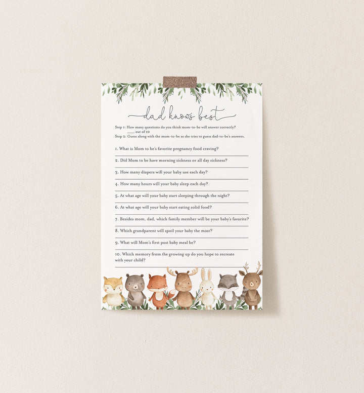 Woodland Friends Baby Shower Dad Knows Best Game Printable