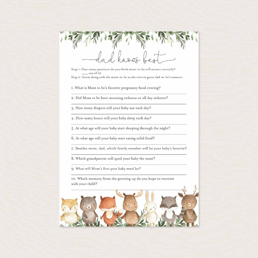 Woodland Friends Baby Shower Dad Knows Best Game Printable