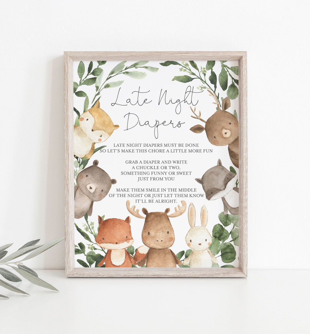 Woodland Friends Baby Shower Diaper Thoughts or Late Night Diapers Printable