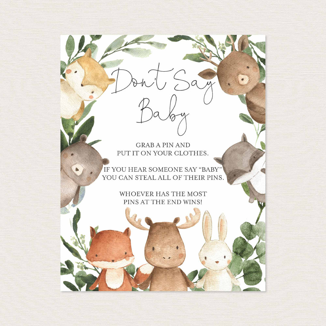 Woodland Friends Baby Shower Don't Say Baby Game Printable