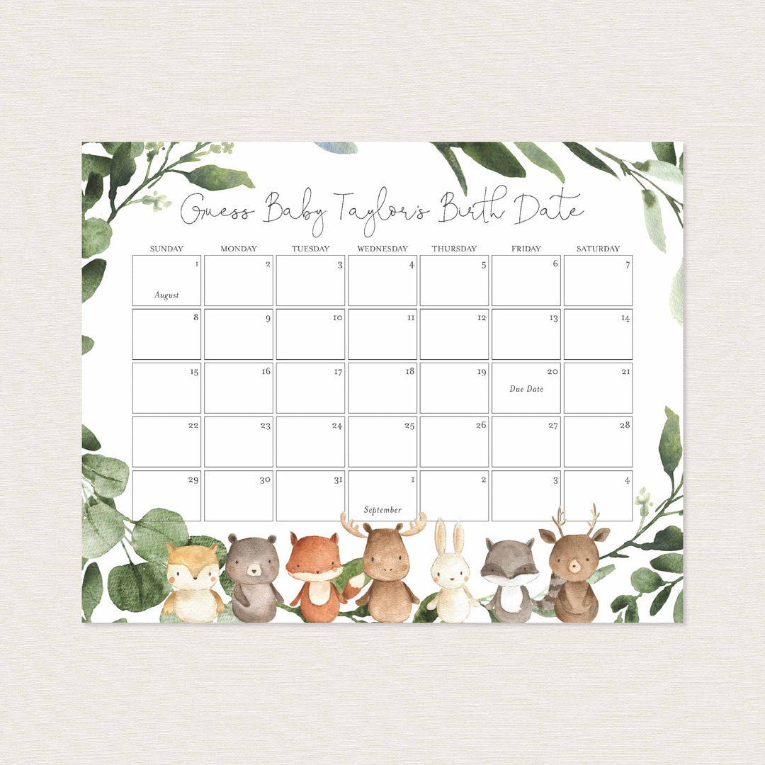 Woodland Friends Baby Shower Due Date Calendar Printable