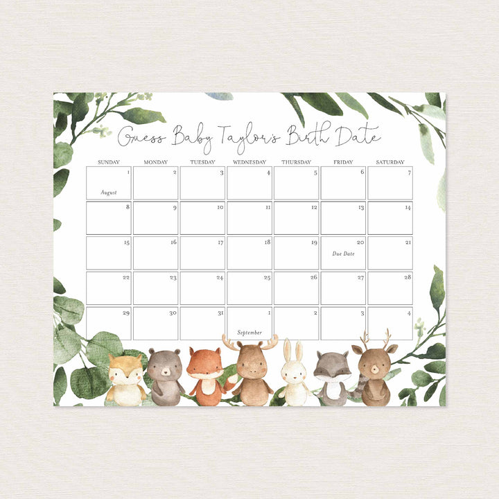 Woodland Friends Baby Shower Due Date Calendar Printable