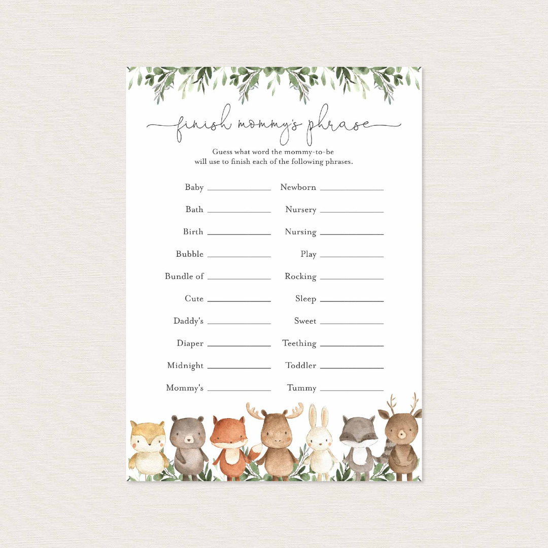 Woodland Friends Baby Shower Finish Mommy's Phrase Game Printable