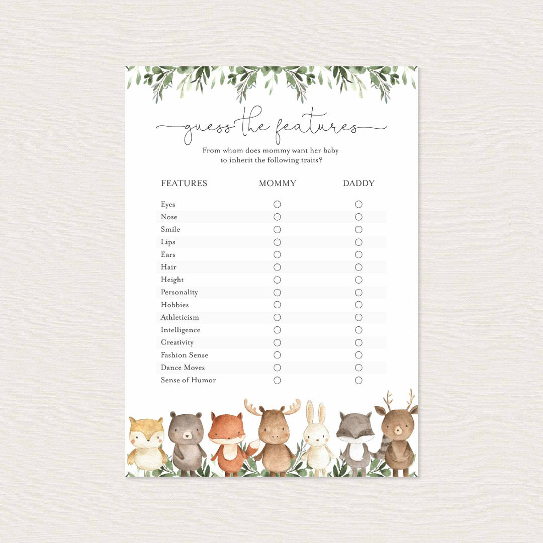 Woodland Friends Baby Shower Guess The Features Game Printable