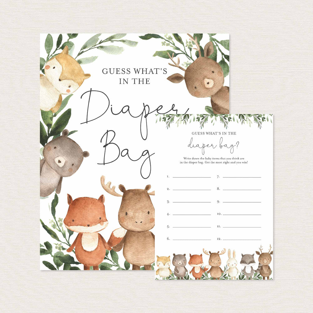 Woodland Friends Baby Shower Guess What's In The Diaper Bag Game Printable