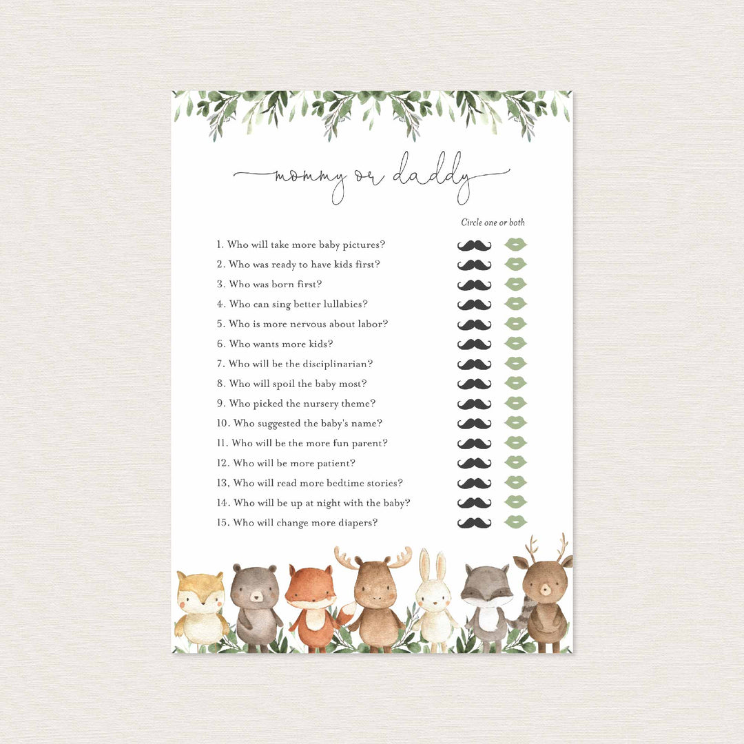 Woodland Friends Baby Shower Mummy or Daddy Game Printable