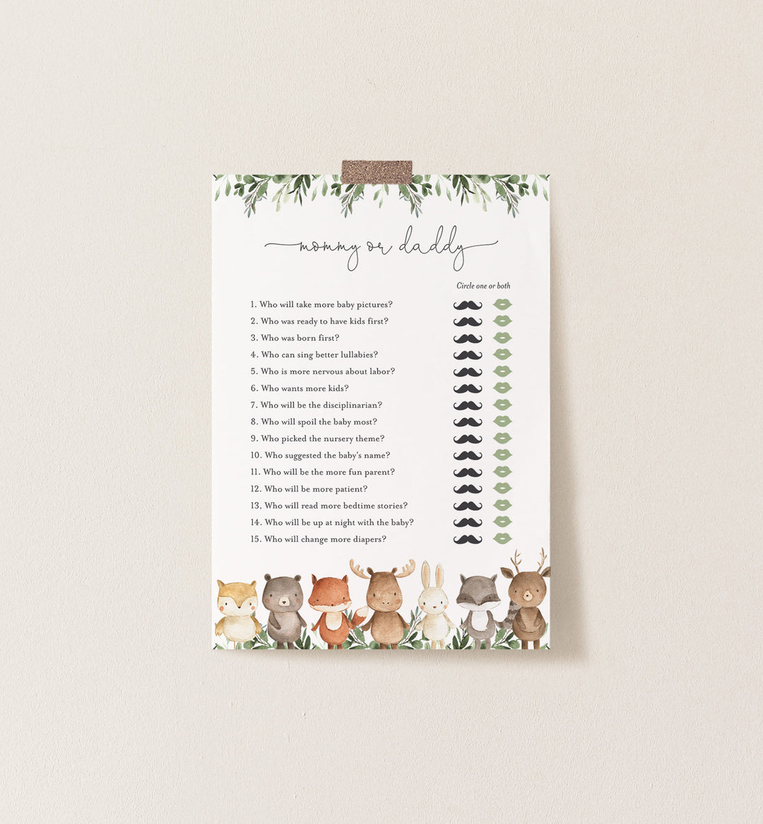 Woodland Friends Baby Shower Mummy or Daddy Game Printable
