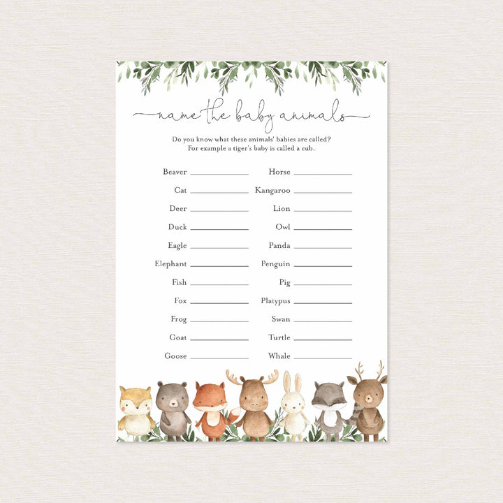 Woodland Friends Baby Shower Name The Baby Animals Game Printable
