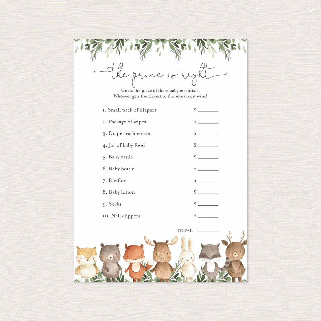 Woodland Friends Baby Shower The Price Is Right Game Printable