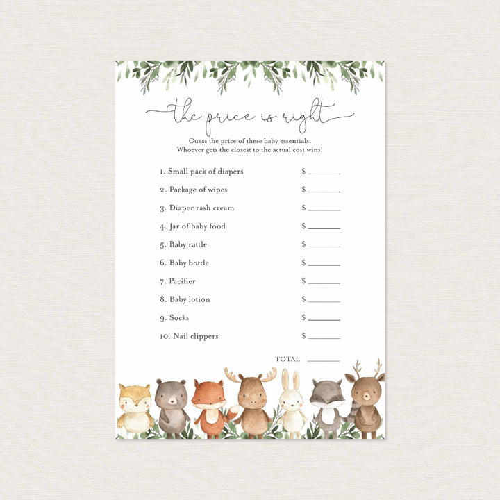 Woodland Friends Baby Shower The Price Is Right Game Printable