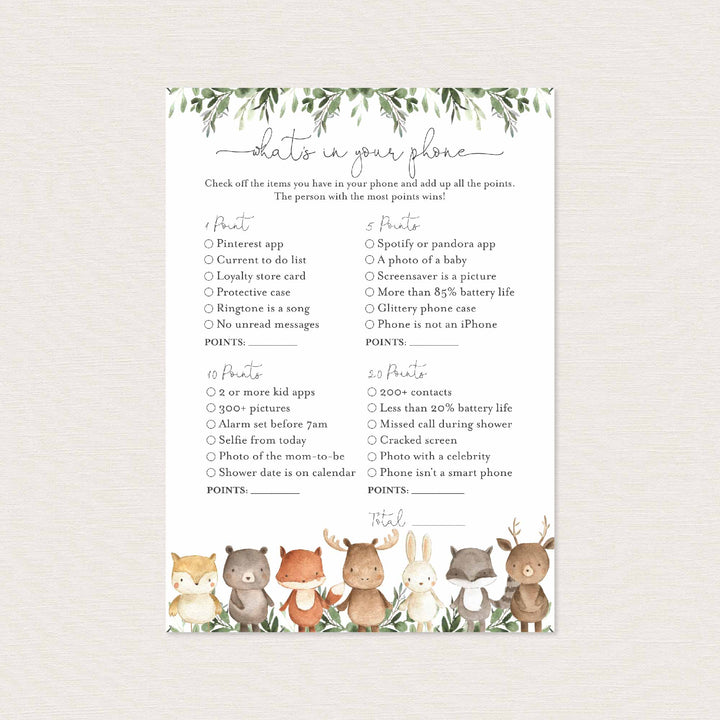 Woodland Friends Baby Shower What's In Your Phone Game Printable