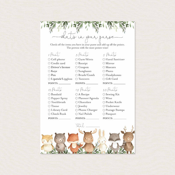 Woodland Friends Baby Shower What's In Your Purse Game Printable