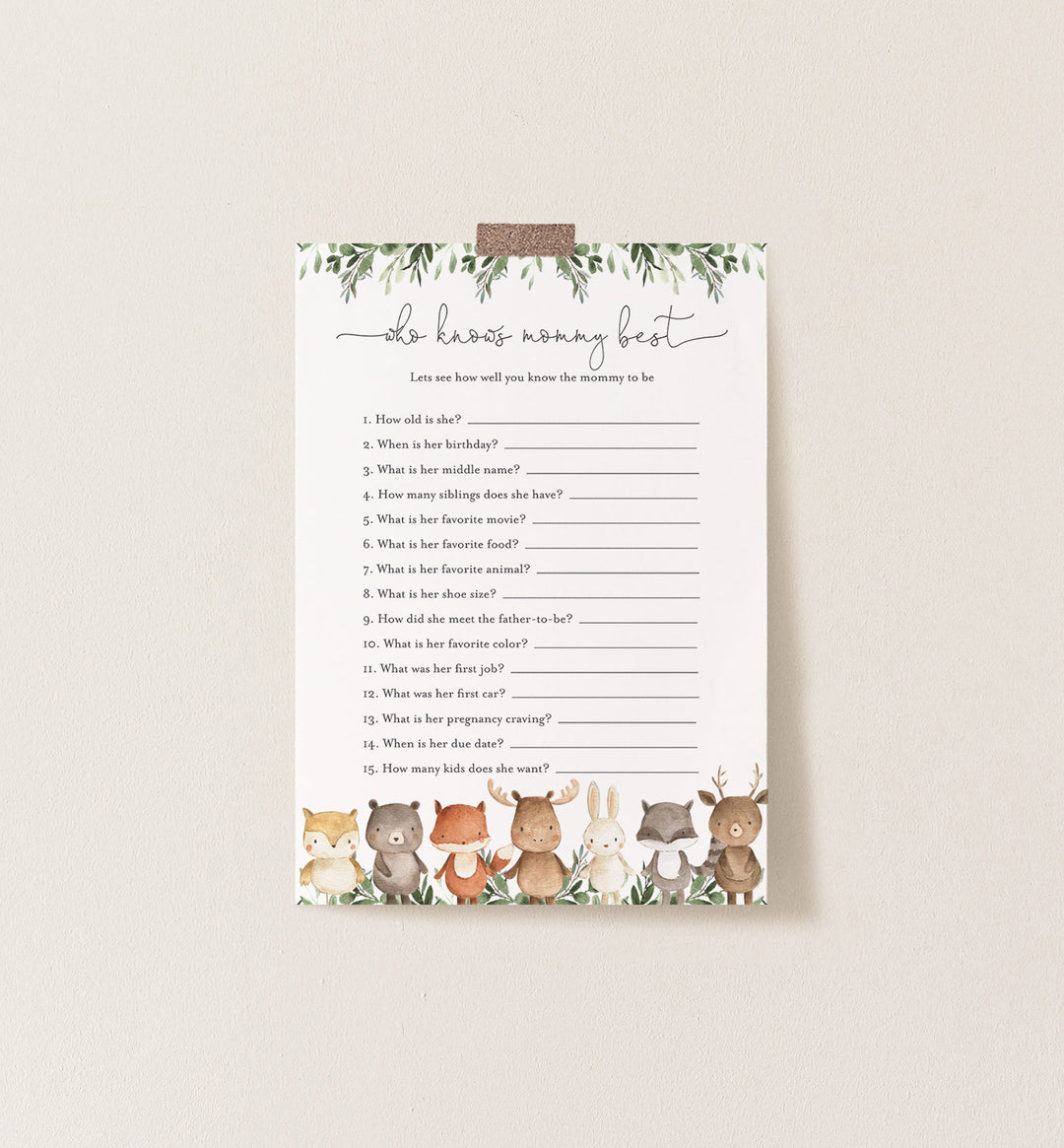 Woodland Friends Baby Shower Who Knows Mummy Best Game Printable