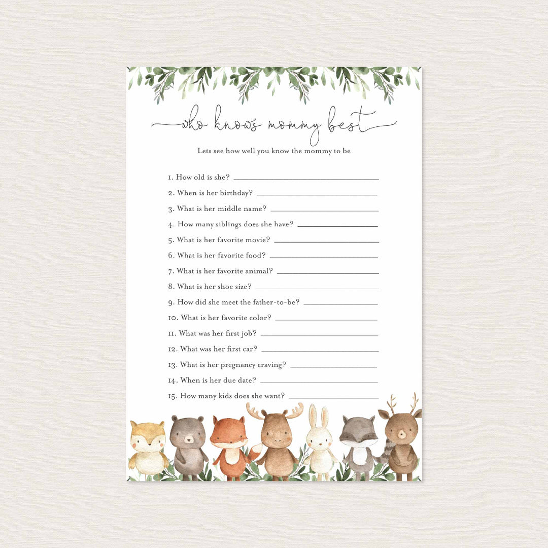 Woodland Friends Baby Shower Who Knows Mummy Best Game Printable