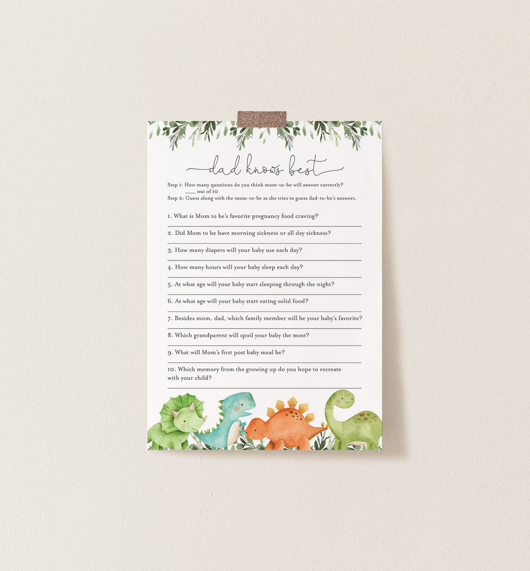 Dinosaurs Baby Shower Dad Knows Best Game Printable