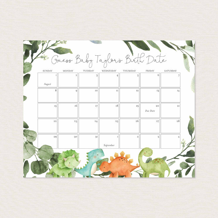 Dinosaurs Baby Shower Due Date Calendar Printable