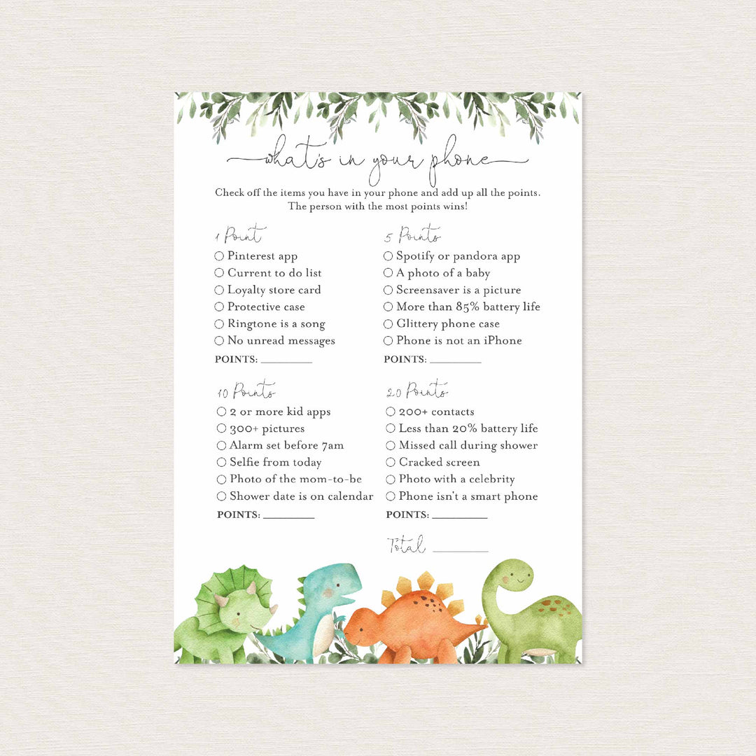 Dinosaurs Baby Shower What's In Your Phone Game Printable