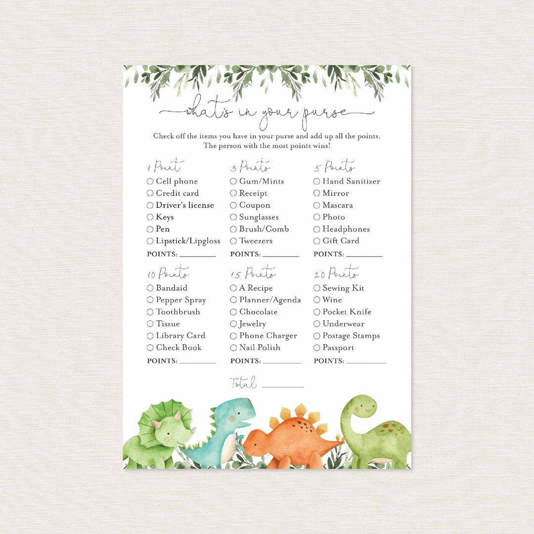 Dinosaurs Baby Shower What's In Your Purse Game Printable