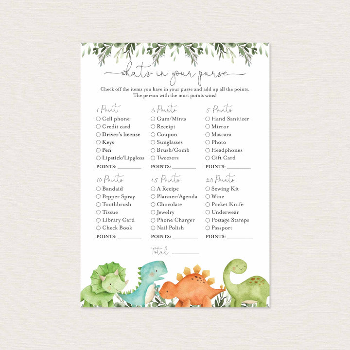 Dinosaurs Baby Shower What's In Your Purse Game Printable