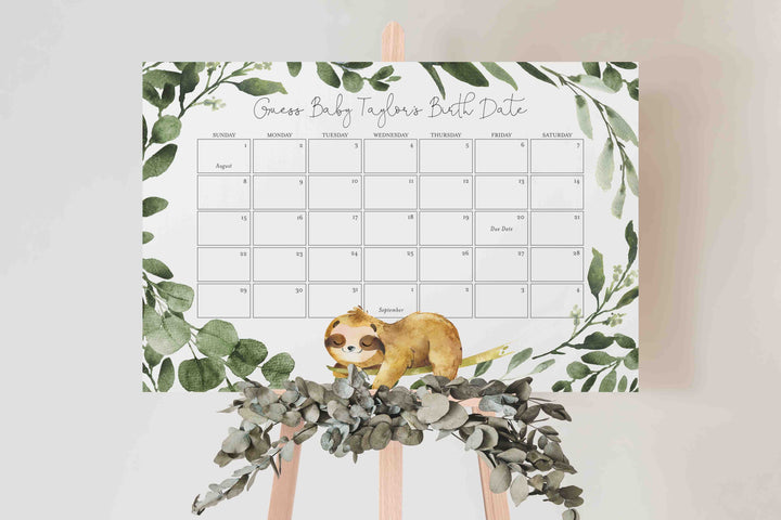 Sleeping Sloth Baby Shower Due Date Calendar Printable