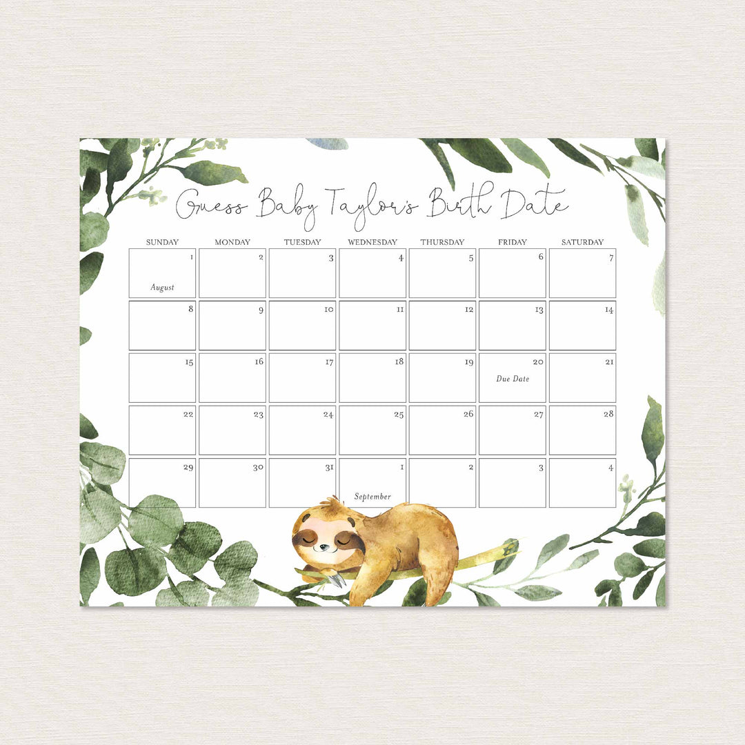 Sleeping Sloth Baby Shower Due Date Calendar Printable