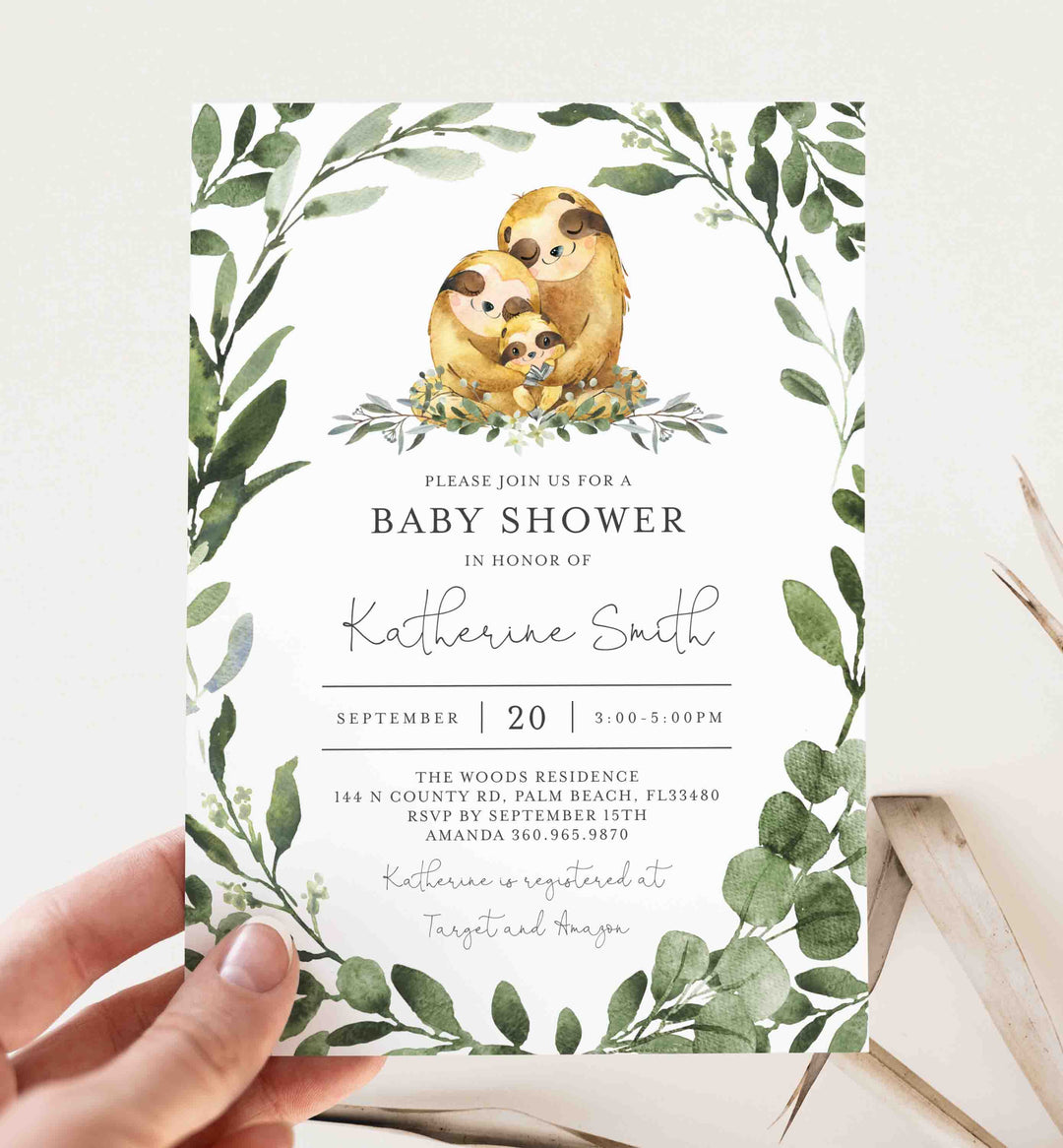 Sloth Family Baby Shower Invitation Printable