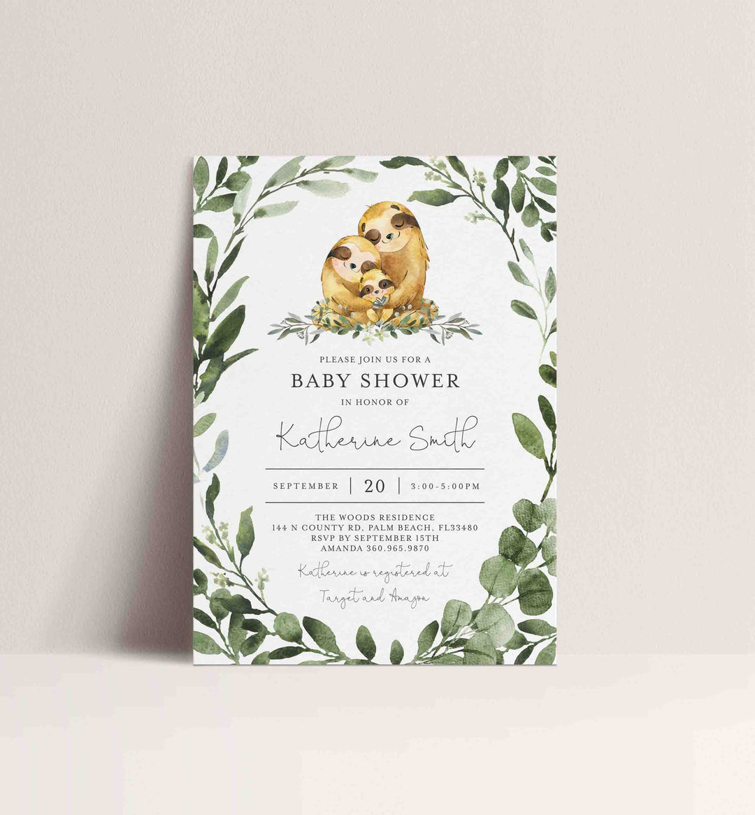 Sloth Family Baby Shower Invitation Printable
