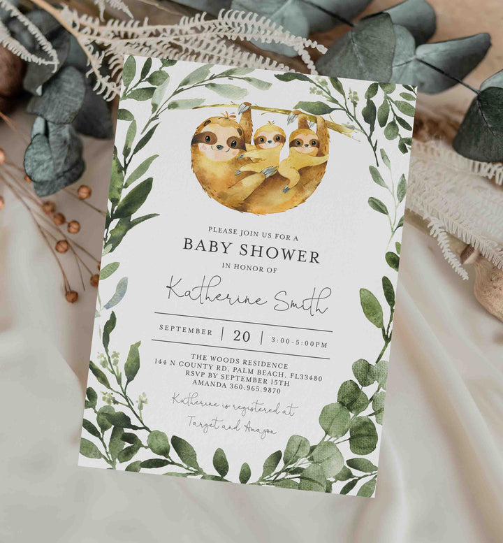 Twin Sloths Baby Shower Invitation Printable