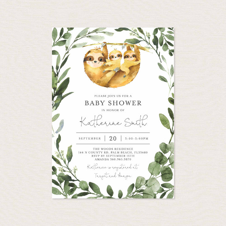 Twin Sloths Baby Shower Invitation Printable