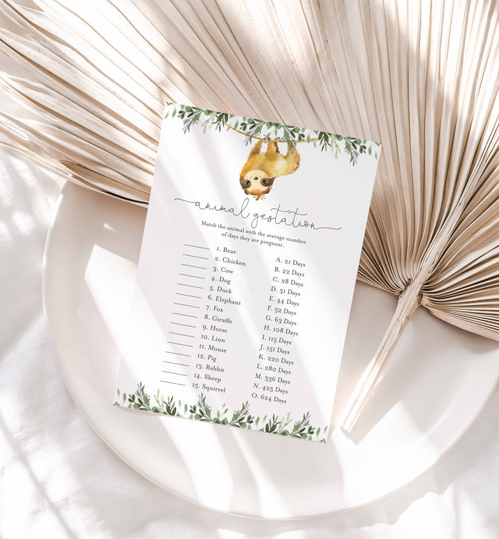 Sloth Baby Shower Animal Gestation Game Printable