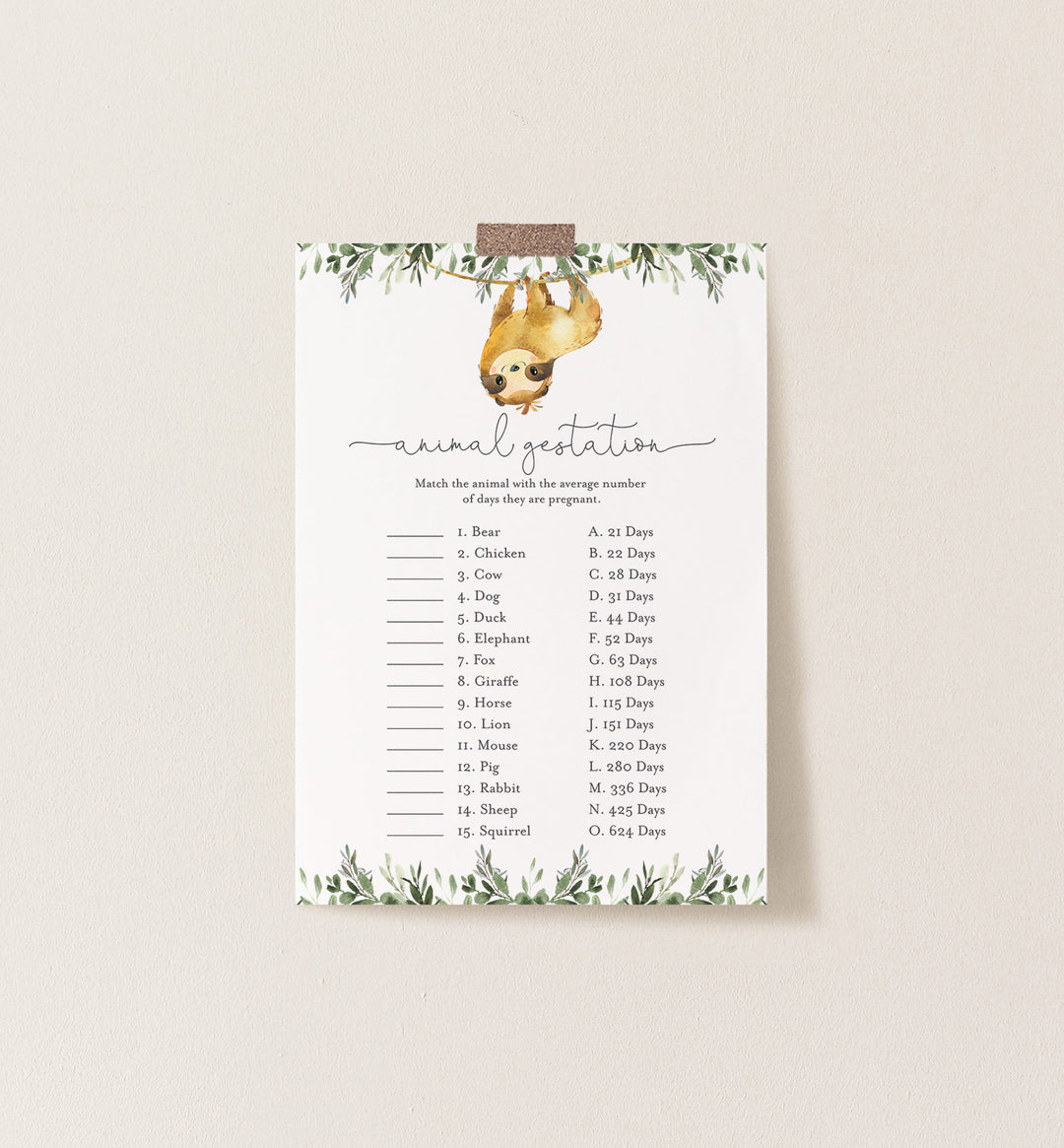 Sloth Baby Shower Animal Gestation Game Printable