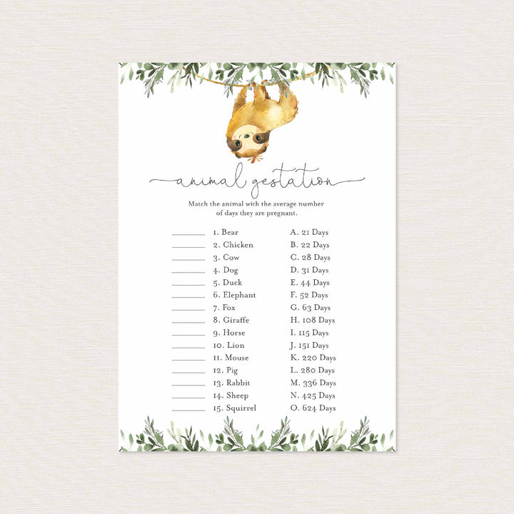 Sloth Baby Shower Animal Gestation Game Printable