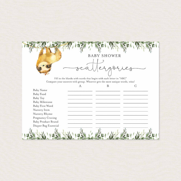 Sloth Baby Shower Scattergories Game Printable