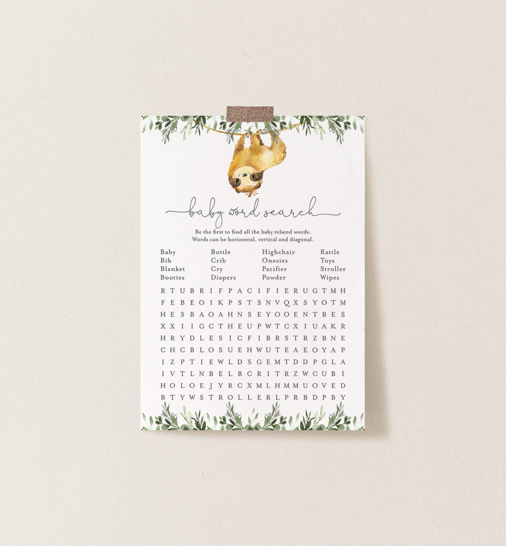 Sloth Baby Shower Word Search Game Printable
