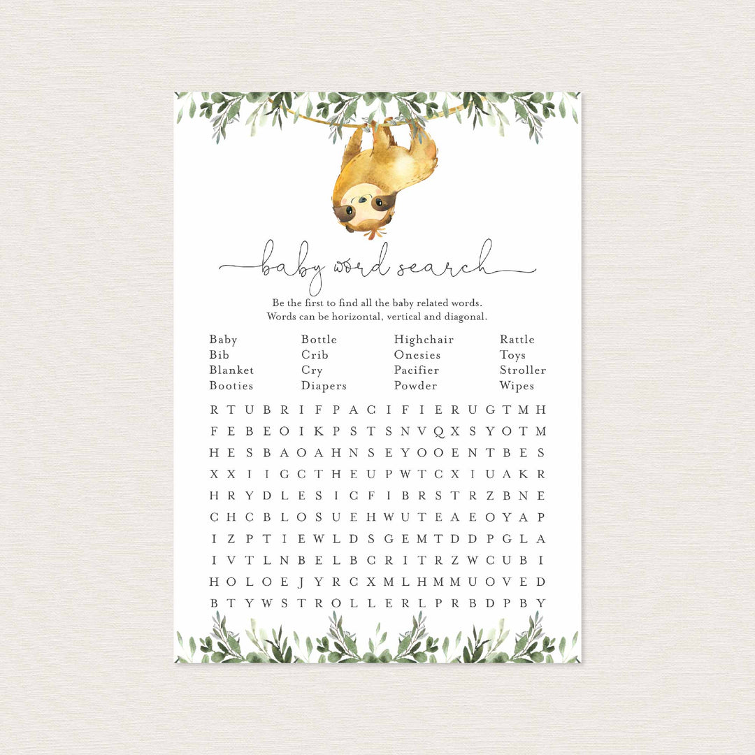 Sloth Baby Shower Word Search Game Printable