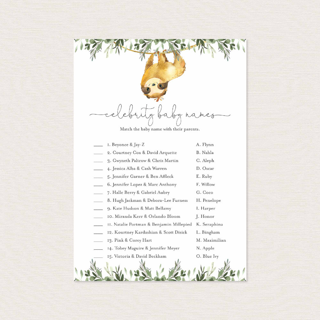 Sloth Baby Shower Celebrity Baby Names Game Printable