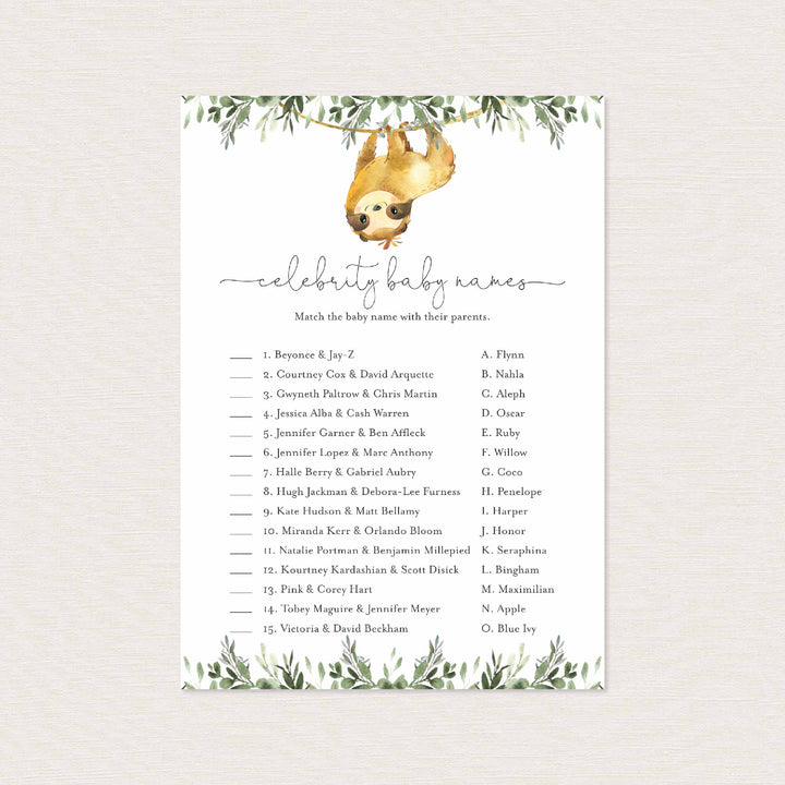 Sloth Baby Shower Celebrity Baby Names Game Printable