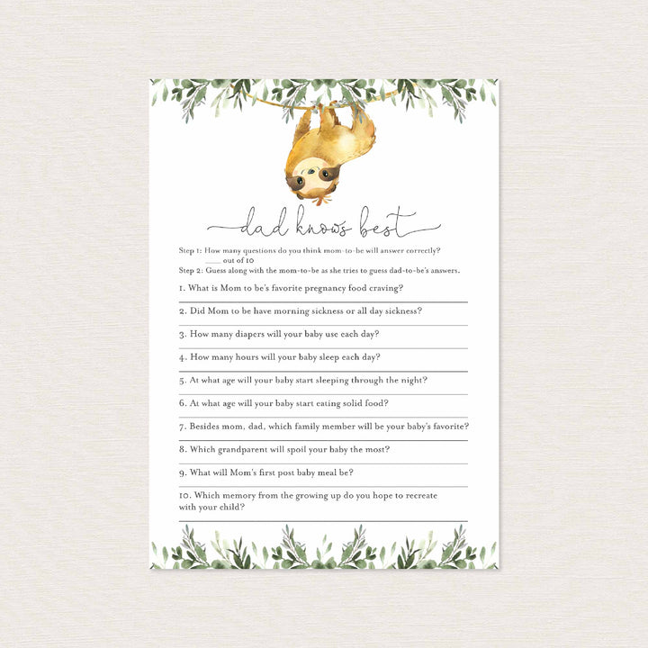 Sloth Baby Shower Dad Knows Best Game Printable