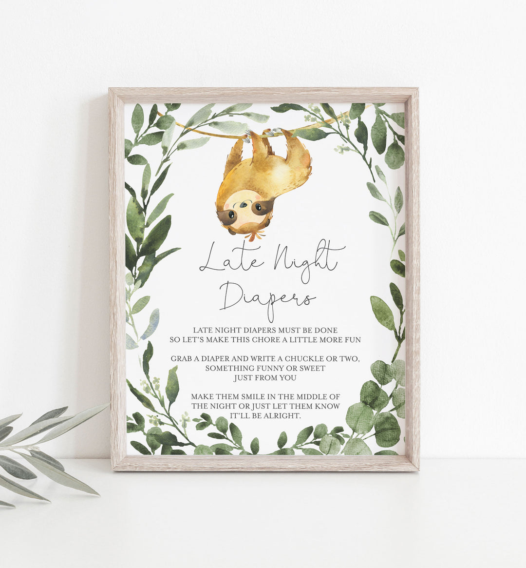 Sloth Baby Shower Diaper Thoughts or Late Night Diapers Printable