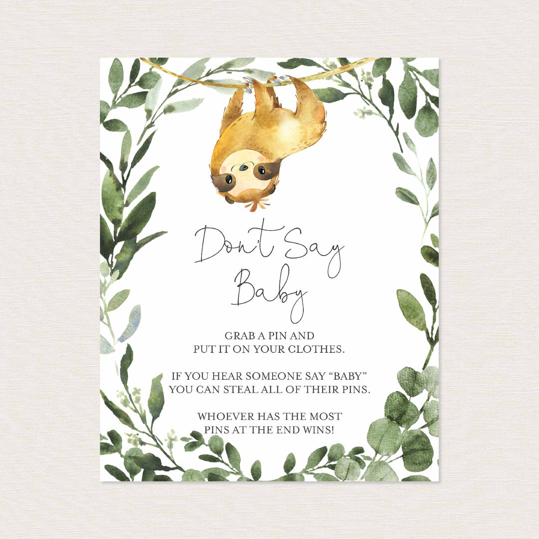 Sloth Baby Shower Don't Say Baby Game Printable
